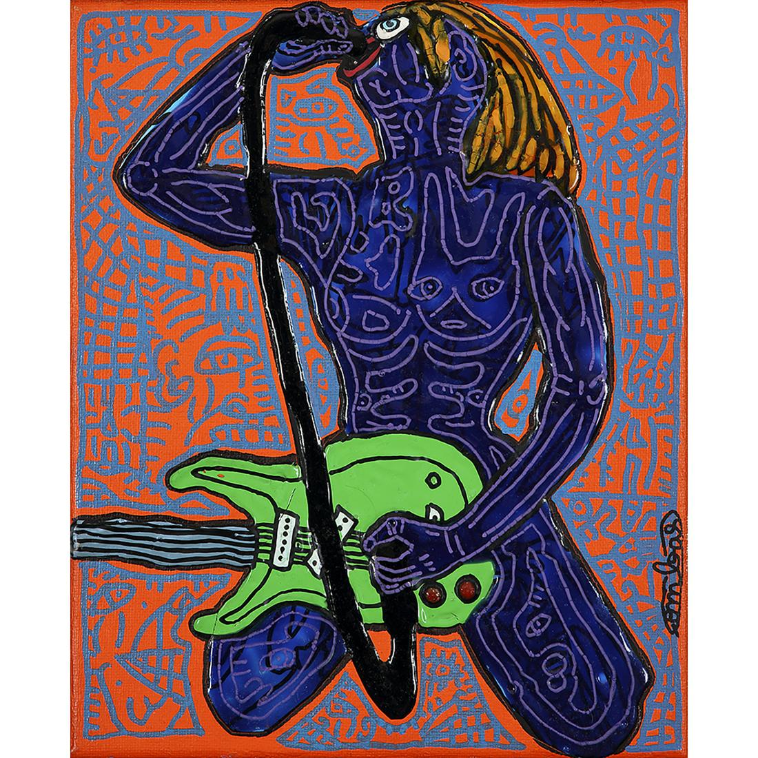 ROBERT COMBAS (né en 1957): ROBERT COMBAS (né en 1957) LA GUITARISTE BLEUE, 2006 Technique mixte sur toile Signée vers le bas à droite Contresignée et datée au dos Mixed media on canvas; signed lower rig