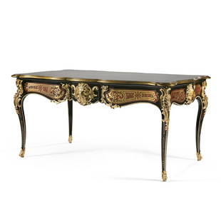 TABLE DE MILIEU EN MARQUETERIE DITE "BOULLE", ESTAMPILLÉE FOURDINOIS POUR HENRI AUGUSTE: TABLE DE MILIEU EN MARQUETERIE DITE "BOULLE", ESTAMPILLÉE FOURDINOIS POUR HENRI AUGUSTE FOURDINOIS VRAISEMBLABLEMENT EN COLLABORATION AVEC VICTOR PAILLARD, ÉPOQUE NAPOLÉON III de forme mou