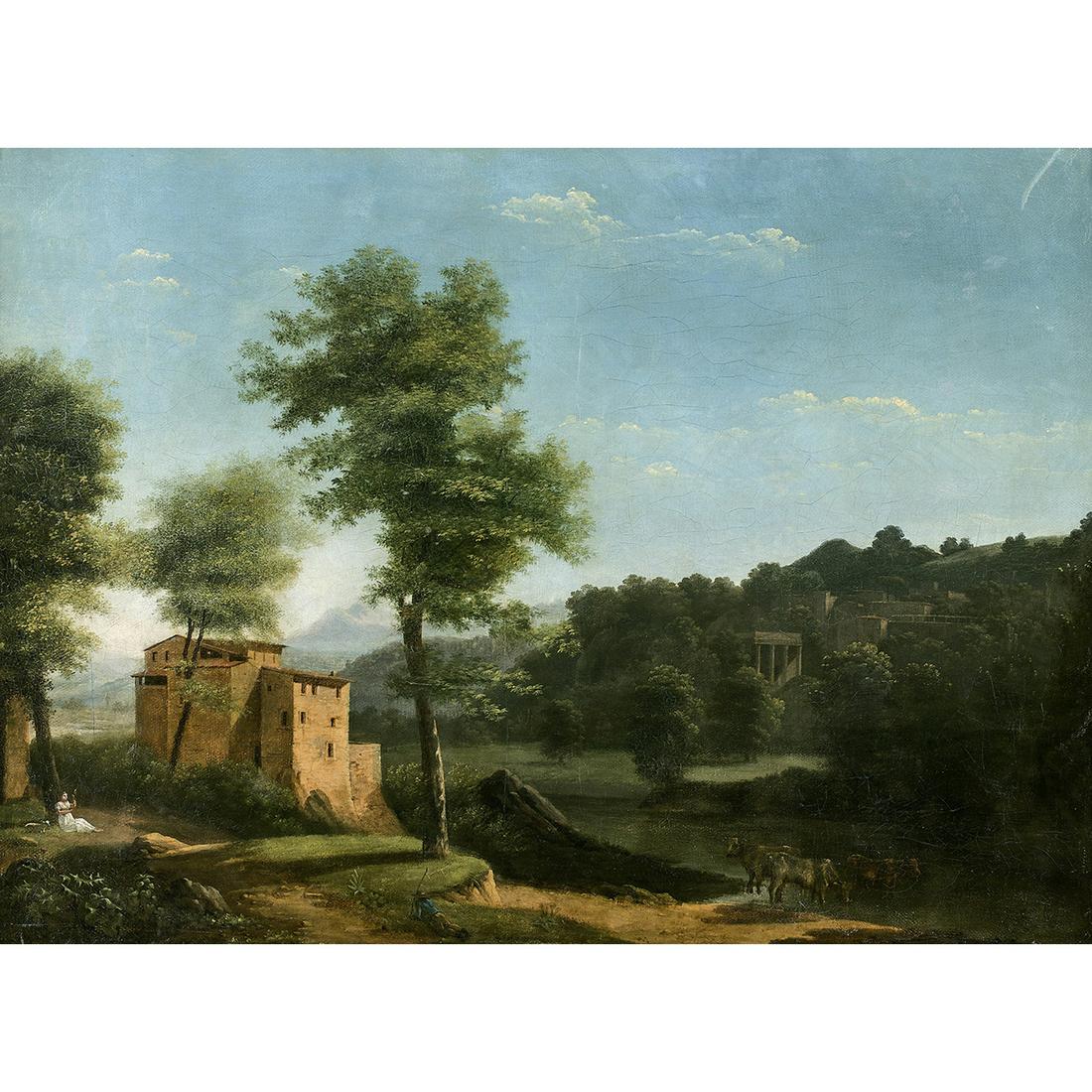 ÉCOLE FRANÇAISE VERS 1820, ENTOURAGE DE JEAN VICTOR BERTIN PAYSAGE AVEC UN BERGER SE: ÉCOLE FRANÇAISE VERS 1820, ENTOURAGE DE JEAN VICTOR BERTIN PAYSAGE AVEC UN BERGER SE REPOSANT Toile Sans cadre Restaurations anciennes French school c. 1820, circle of J. V. Bertin, Landscap