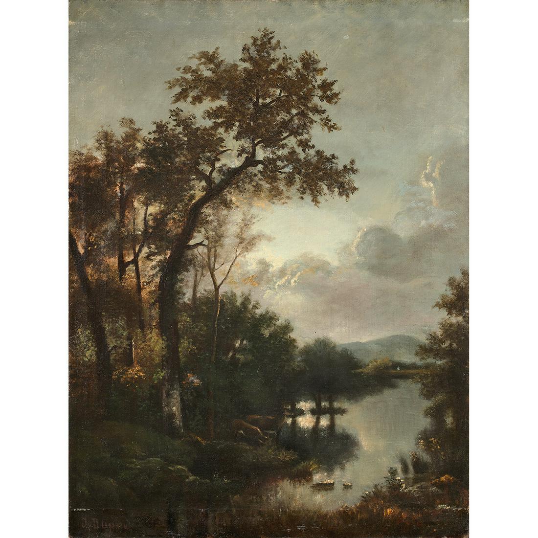 ÉCOLE FRANÇAISE DU XIXe SIÈCLE, ENTOURAGE DE JULES DUPRE: ÉCOLE FRANÇAISE DU XIXe SIÈCLE, ENTOURAGE DE JULES DUPRE SOUS-BOIS AVEC DEUX BICHES Toile d’origine Porte une signature en bas à gauche «J Dupre» 19th century Frenc