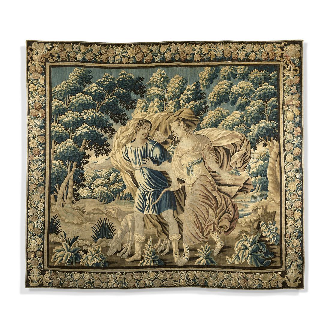 TAPISSERIE, LAINE ET SOIE, AUBUSSON XVIIe SIÈCLE, PROBABLEMENT D'APRÈS LES CARTONS D'ISAAC: TAPISSERIE, LAINE ET SOIE, AUBUSSON XVIIe SIÈCLE, PROBABLEMENT D'APRÈS LES CARTONS D'ISAAC MOILLON Aurore et Céphale avec sa bordure à fond brun de guirlandes de fleurs, vases et p