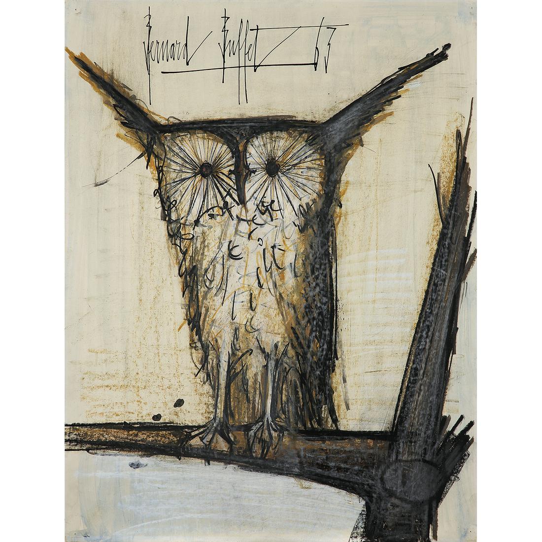 BERNARD BUFFET (1928-1999): BERNARD BUFFET (1928-1999) HIBOU, 1963 Gouache, encre, crayon gras et pastel sur papier Signé et daté '63' en haut au milieu Cachet de 'David et Garnier' au dos Gouache, ink, grease pencil a