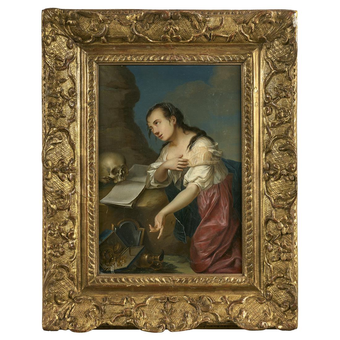 ATTRIBUÉ À JOHANN HEINRICH TISCHBEIN (Haina, 1751-Cassel, 1829): ATTRIBUÉ À JOHANN HEINRICH TISCHBEIN (Haina, 1751-Cassel, 1829) MARIE MADELEINE Plaque de métal Cadre en bois sculpté redoré d'époque Louis XIV Att. to Johan Heinrich Tis