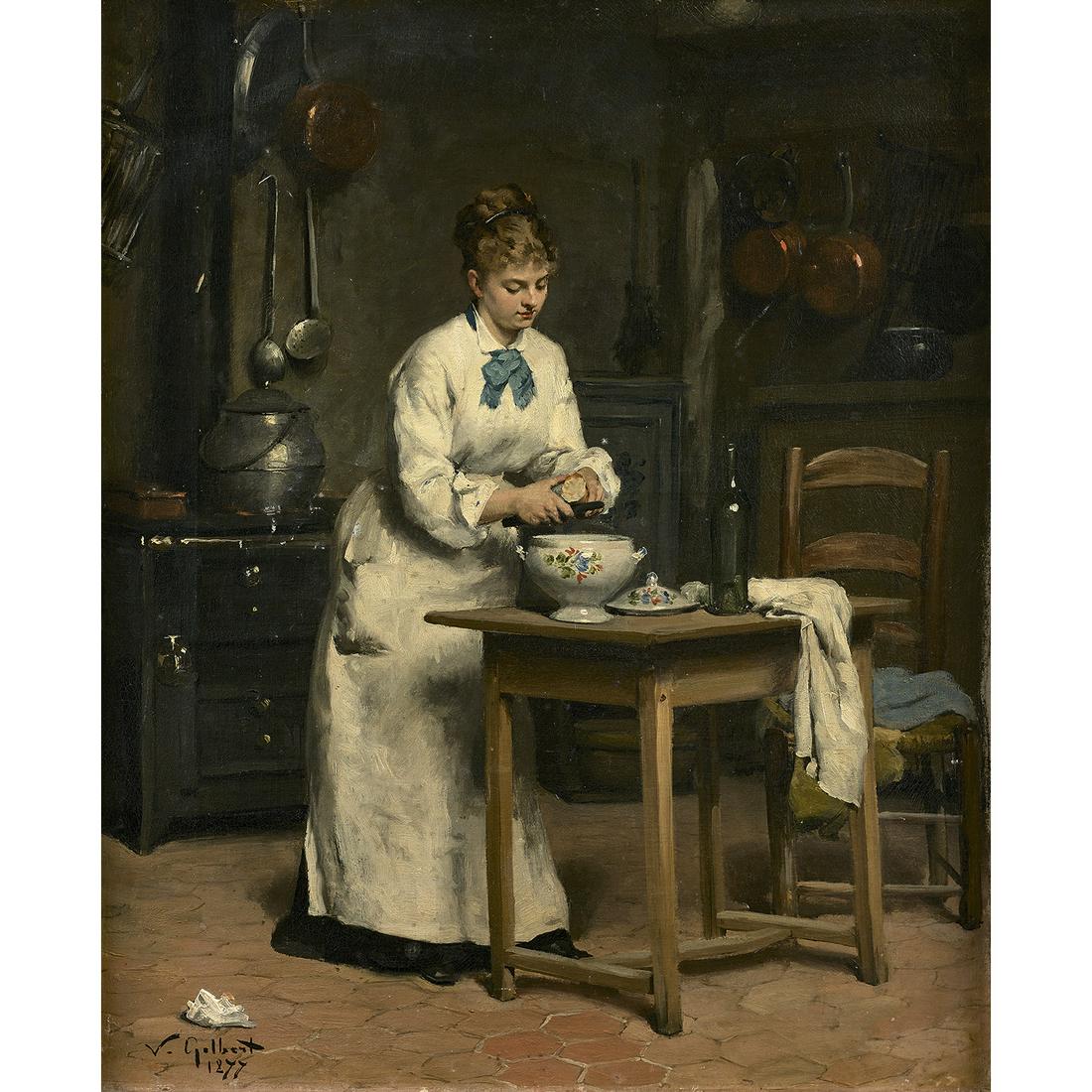 VICTOR GABRIEL GILBERT (PARIS, 1847-1935): VICTOR GABRIEL GILBERT (PARIS, 1847-1935) FEMME À LA CUISINE Toile Signé et daté 1877 en bas à droite Restaurations Woman in the kitchen, canvas, restorations 46,5 X 38,5 CM - 18,3