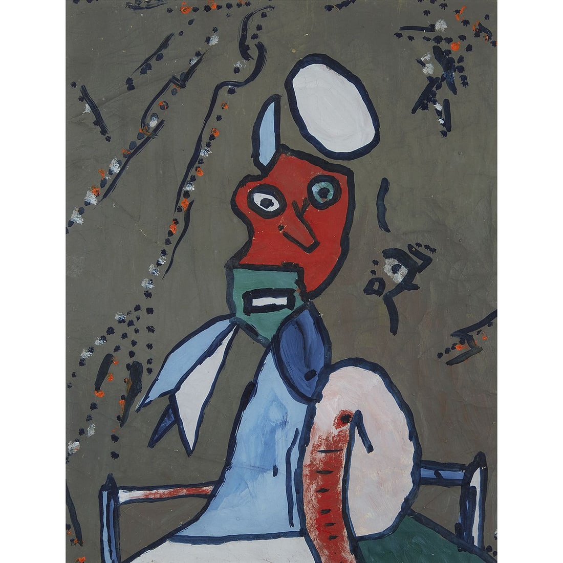 GASTON CHAISSAC (1910-1964): GASTON CHAISSAC (1910-1964) Personnage à la tête rouge assis sur un banc Huile sur papier Oil on paper 26 X 20 CM • 10 1/4 X 7 7/8 IN. Un certificat du Comité du Cercle Gaston Cha