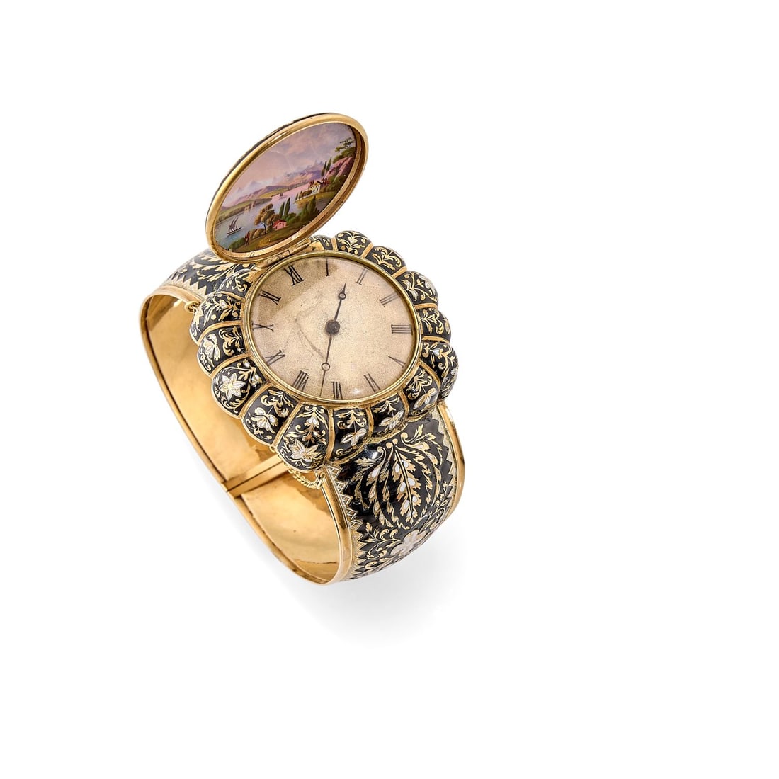 ANNÉES 1840: ANNÉES 1840 RARE MONTRE-BRACELET DE DAME ENTIÈREMENT ÉMAILLÉE Elle est en forme de bracelet rigide ouvrant. Le boîtier central de forme tonneau à godrons. Le cadran est d