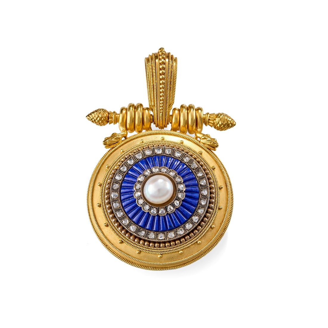 ATTRIBUÉ À EUGÈNE FONTENAY - ANNÉES 1860: ATTRIBUÉ À EUGÈNE FONTENAY - ANNÉES 1860 PENDENTIF AUX SERPENTS "À L ÉTRUSQUE" Le pendentif de forme ronde soutenu par deux serpents enroulés autour d'une tige termi