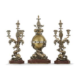 GARNITURE DE CHEMINÉE AUX DAUPHINS, LES BRONZES PAR FERDINAND BARBEDIENNE, HORLOGER CHEVILLIER, (1 of 1)