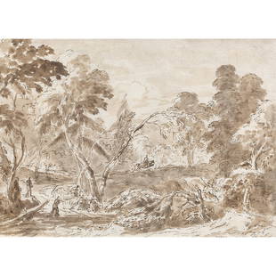 MARCO RICCI (Belluno, 1676-Venise, 1730): MARCO RICCI (Belluno, 1676-Venise, 1730) PAYSAGE AU CAVALIER Encre et lavis brun Landscape with an horserider, ink and brown wash 14 x 19 CM - 5,5 x 7,5 IN.