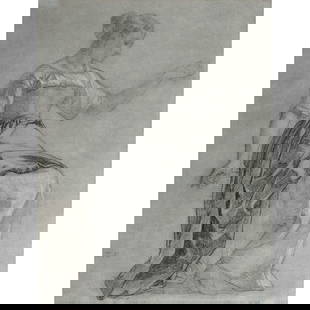 THOMAS COUTURE: THOMAS COUTURE (Senlis, 1815-Villiers-le-Bel, 1879) ÉTUDE POUR LA FIGURE DE LA LIBERTÉ Crayon noir et rehauts de craie blanche sur papier gris Monogrammé à gauche au centre Study f