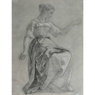 THOMAS COUTURE: THOMAS COUTURE (Senlis, 1815-Villiers-le-Bel, 1879) &#201;TUDE POUR LA FIGURE DE LA LIBERT&#201; Crayon noir et rehauts de craie blanche sur papier gris Monogramm&#233; &#224; gauche au centre Study f