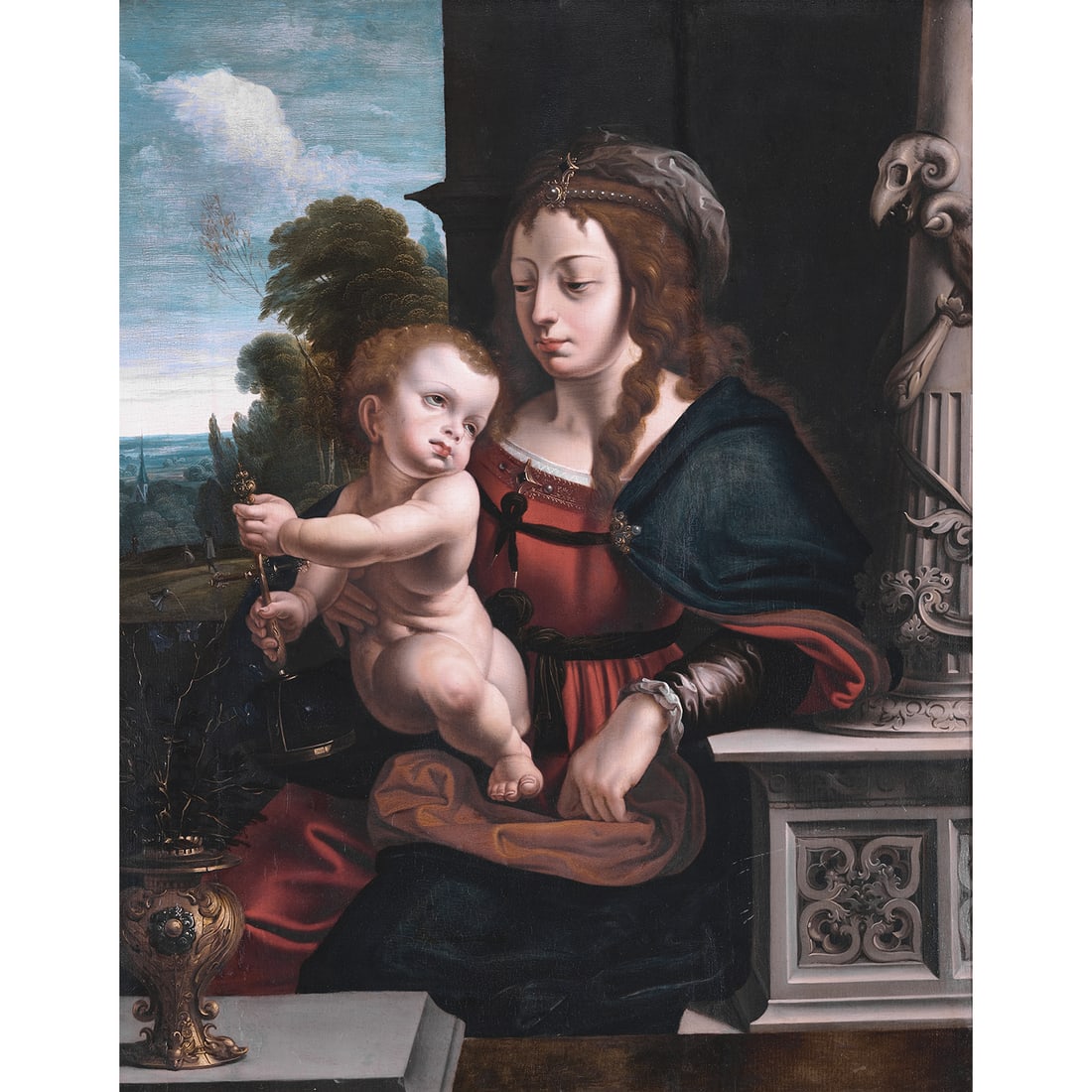 ÉCOLE ANVERSOISE du XVIIe siècle, suiveur de Joos van CLEVE: ÉCOLE ANVERSOISE du XVIIe siècle, suiveur de Joos van CLEVE Vierge à l'Enfant Panneau parqueté Au dos étiquette 'Bernard van Orley' 17th century Antwert school, foll. of J. va