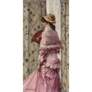 NORBERT GOENEUTTE (PARIS, 1854-AUVERS-SUR-OISE, 1894): NORBERT GOENEUTTE (PARIS, 1854-AUVERS-SUR-OISE, 1894) FEMME EN ROSE (NATHALIE) Toile Sign&#233; en bas &#224; gauche "Norbert Goeneutte" Restaurations anciennes Woman in rose (Nathalie), canvas, signe