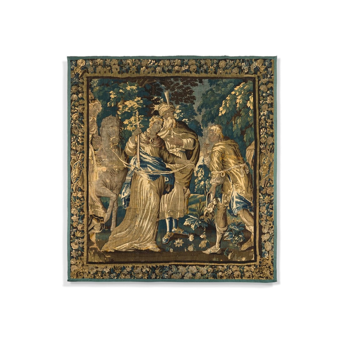 TAPISSERIE, LAINE ET SOIE, AUBUSSON, XVIIe SIÈCLE, D'APRÈS LES CARTONS D'ISAAC MOILLON: TAPISSERIE, LAINE ET SOIE, AUBUSSON, XVIIe SIÈCLE, D'APRÈS LES CARTONS D'ISAAC MOILLON la remise d'une reine à un page avec une bordure à fond brun de guirlande de fleurs (Grand fragment, usures,