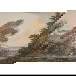 JEAN-BAPTISTE LALLEMAND (Dijon, 1716-Paris, 1803): JEAN-BAPTISTE LALLEMAND (Dijon, 1716-Paris, 1803) VUE DES JARDINS D'UN PALAIS ITALIEN Gouache Signé et situé en bas à gauche "J. b. Lalman F./ Roma" Gouache, signed and located lower le