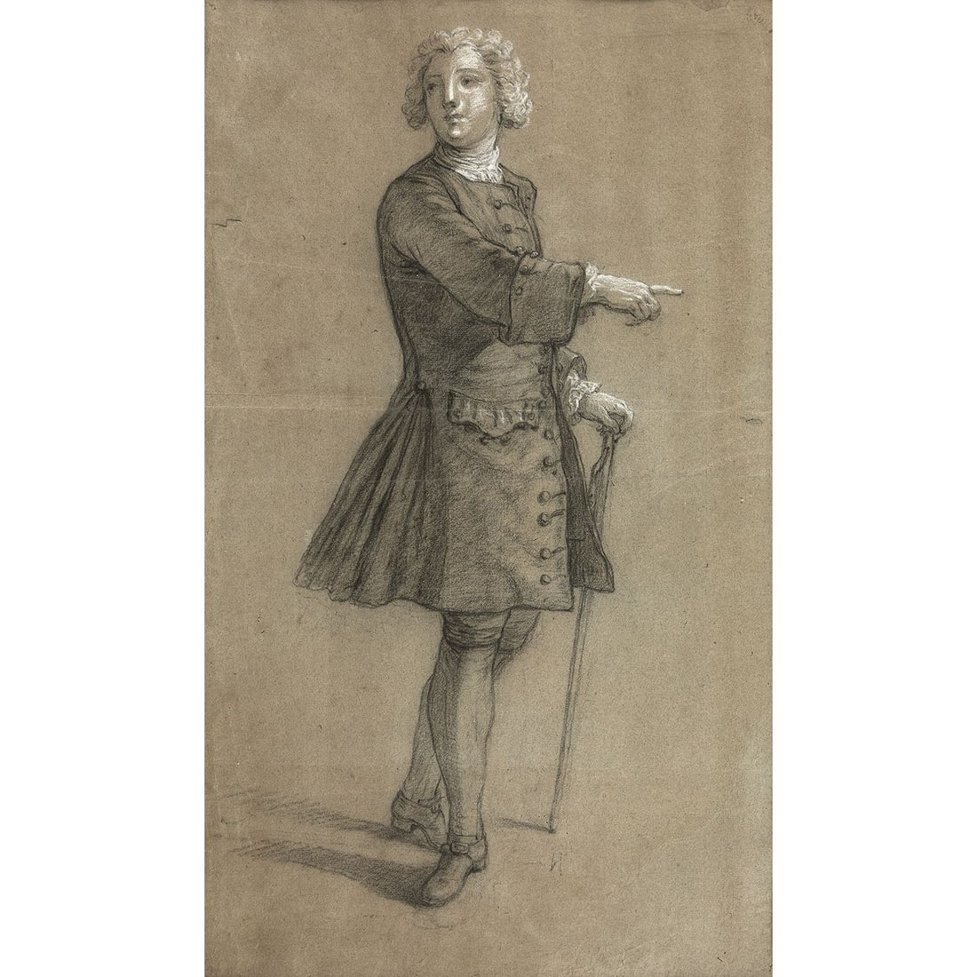 ÉCOLE FRANÇAISE DU XVIIIE SIÈCLE, ENTOURAGE DE JEAN-BAPTISTE OUDRY: ÉCOLE FRANÇAISE DU XVIIIE SIÈCLE, ENTOURAGE DE JEAN-BAPTISTE OUDRY HOMME EN PIED Crayon, estompe et craie Pliures 18TH CENTURY French school, circle of J. B. Oudry, study of man, pen, s