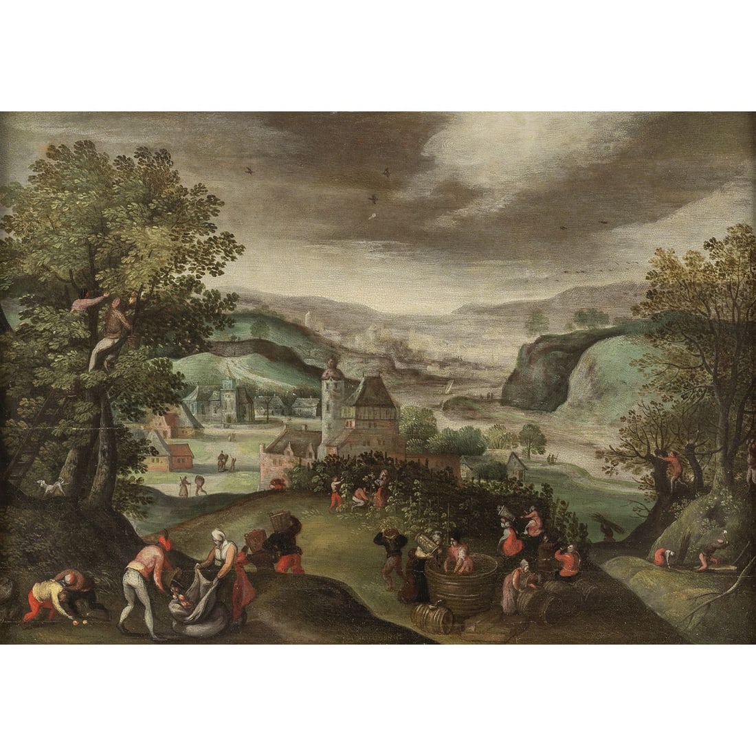 JACOB GRIMMER (Anvers, vers 1526 - après 1589): JACOB GRIMMER (Anvers, vers 1526 - après 1589) L'AUTOMNE Panneau doublé Restaurations anciennes Autumn, lined panel, with restorations 31 x 43 CM - 12,2 x 16,9 IN. Un certificat de Reine Ber