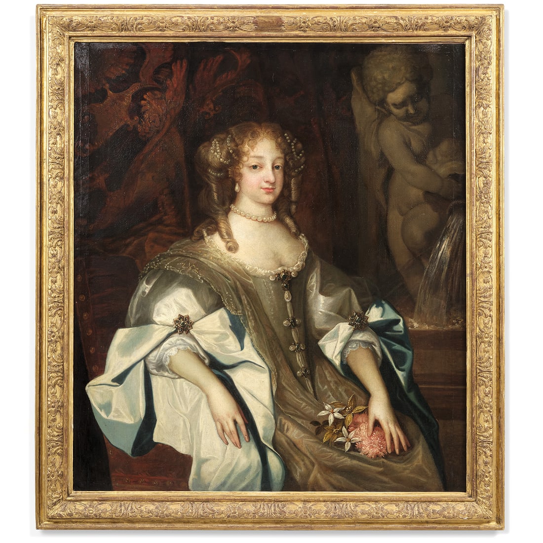 ÉCOLE HOLLANDAISE VERS 1700, SUIVEUR DE CONSTANTIN NETSCHER PORTRAIT DE FEMME TENANT DES (1 of 2)
