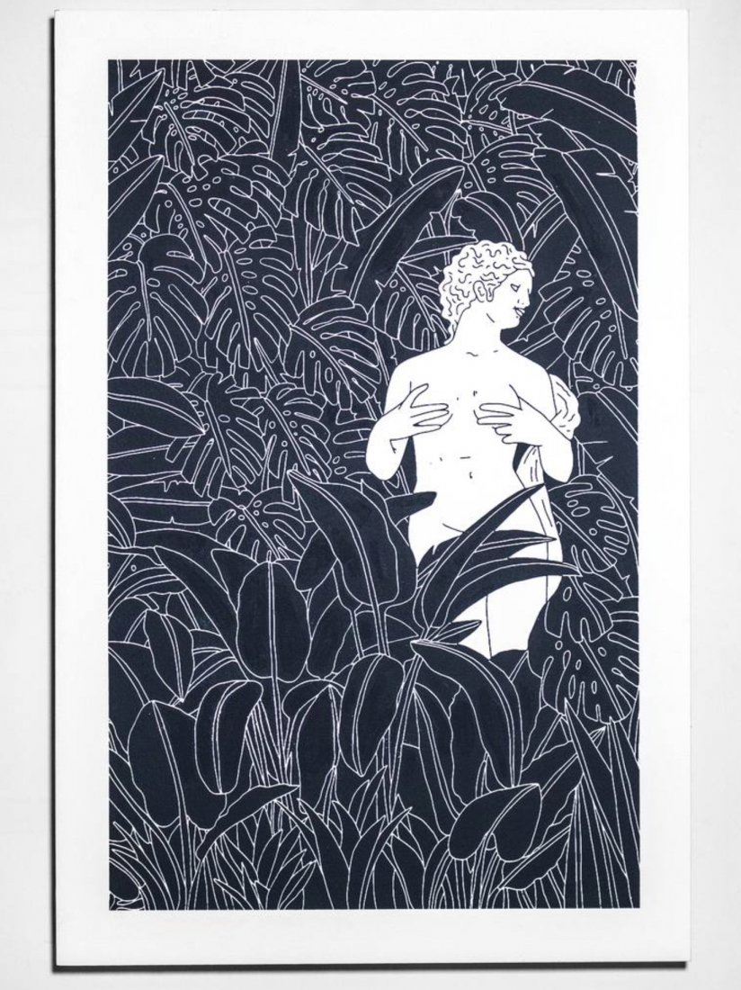 The Instinctive Lust of Being Found by Amit Greenberg: Acrylic on wood painting from the Sweet Paradise series. Dimensions: 24 W x 36 H x 1.8 D in. Retail value: $2,670.