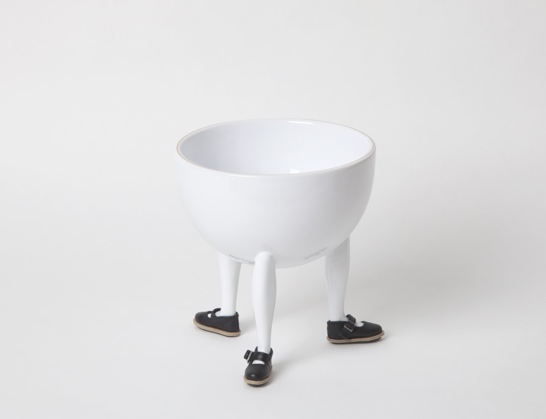 Leg Bowl with Building Block Mary Janes by CCKW: The Leg Bowl is inspired by ritual food vessels called ding, first appearing in pre-bronze age China and eventually evolving into the European soup dish tureen. Glazed Stoneware, Leather. Dimensions: 
