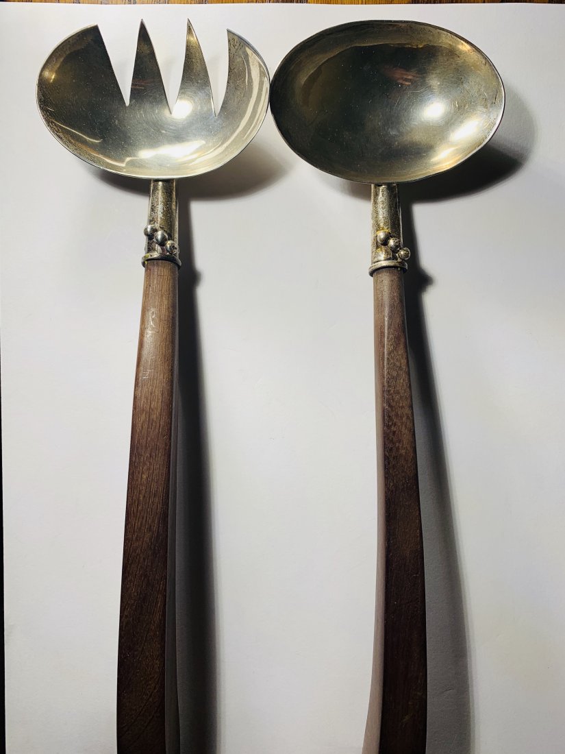 Sterling and Wooden Handle serving utensils: Marked Sterling large serving utensils.