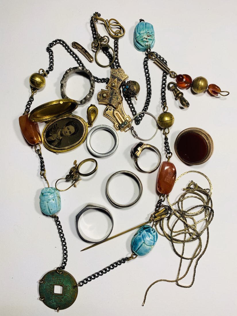 Costume Jewlery including Antique photo locket: Asian costume, rings, photo, chains, pins