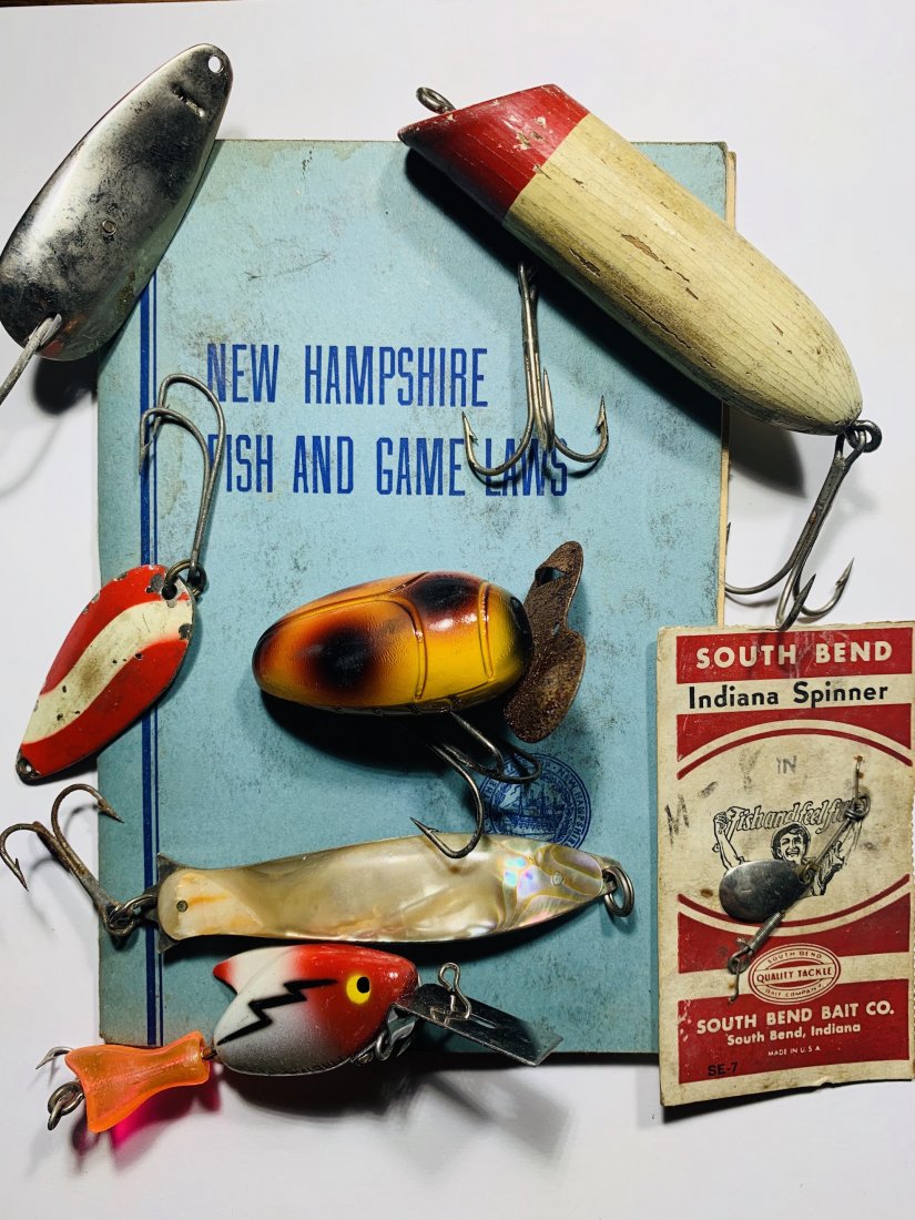 Antique South Bend Lure and others: Includes a NH Fish and Game Law Guide, Wooden lures and others