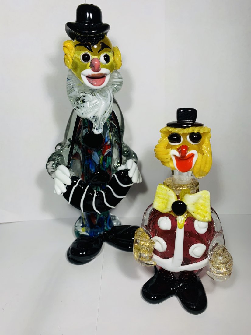 2 Vintage Murano Clowns (Small Decanter): 1 Large 9 inch tall Murano clown, 2 smaller size Murano clown bottle decanter standing 6 inches tall