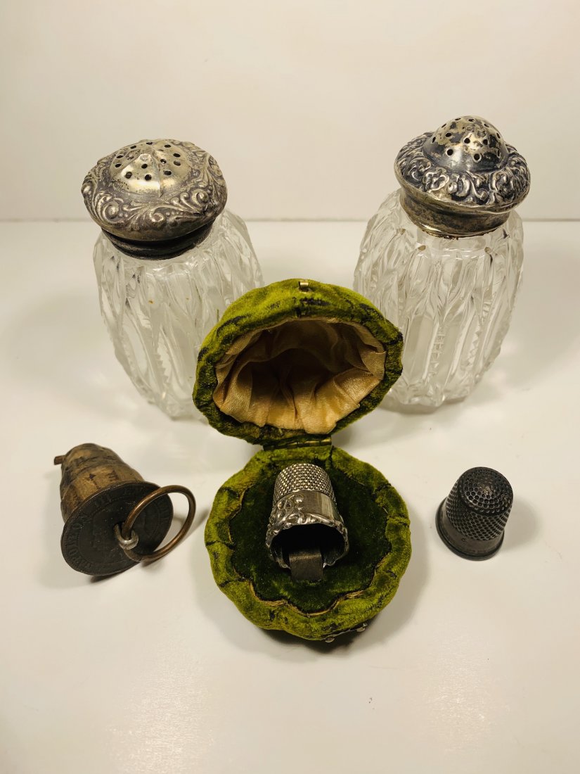 Sterling Silver Thimbles, Salt and Pepper tops and Coin: Napoleon Coin made into a cork stopper. Thimbles are antique with original box