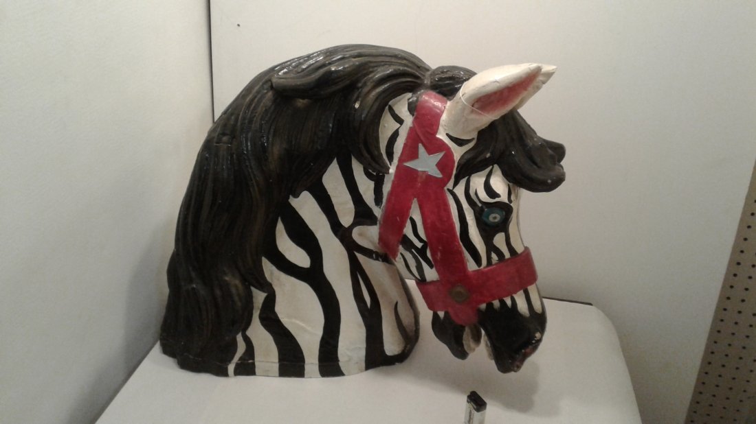 Carousel Horse Head: Vintage carousel horse head repainted in zebra style