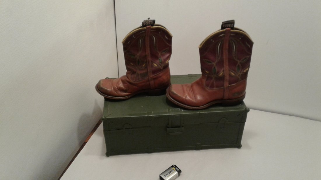 Childs cowboy boots & GI Joe foot locker: Kids cowboy boots marked "Rodeo" & GI Joe footlocker