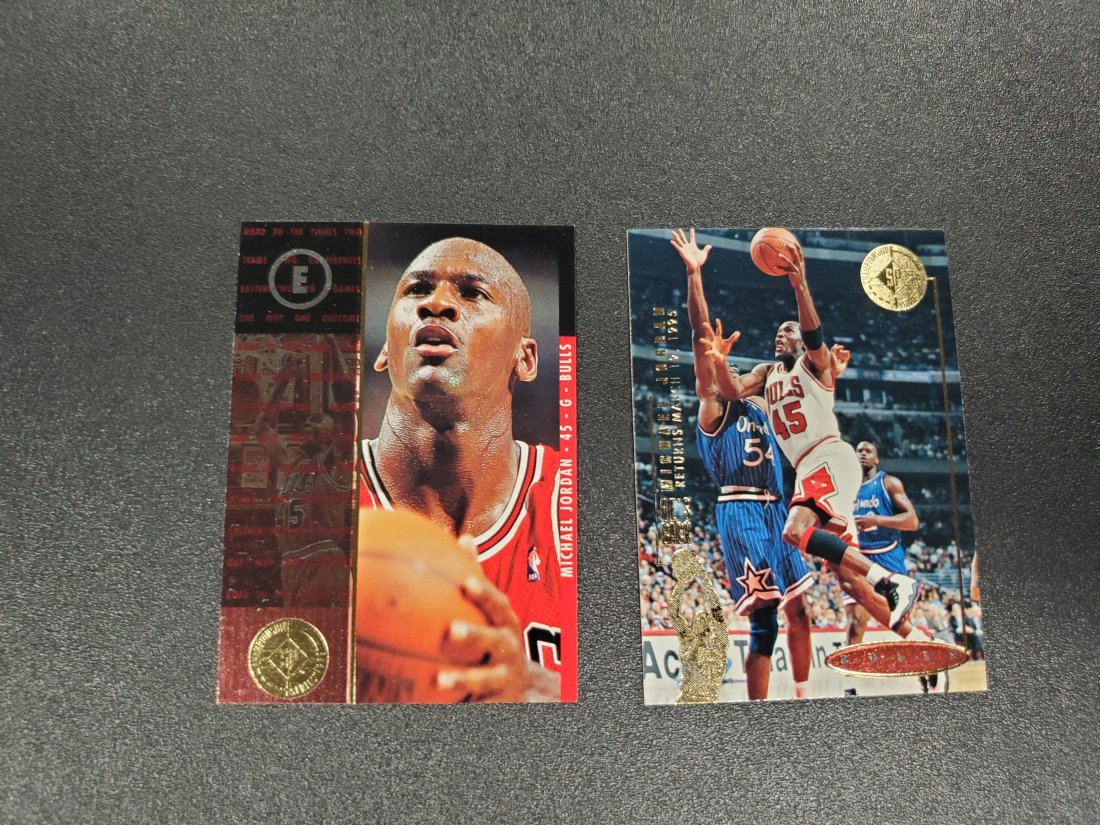 1994-95 SP Championship #4 Michael Jordan #4 and #41: 1994-95 SP Championship #4 Michael Jordan1994-95 UD SP Championship Michael Jordan 'He's Back' #41 w/ Jersey #451994-95 SP Championship #4 Michael Jordan