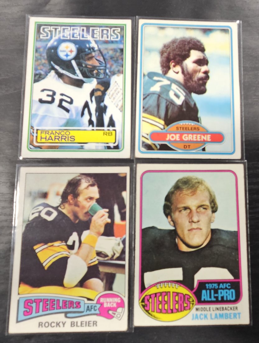 Topps Steelers cards including 1983 Franco Harris, 1980 Joe Greene, 1975 Rocky Bleier, and 1976 Jack (1 of 1)