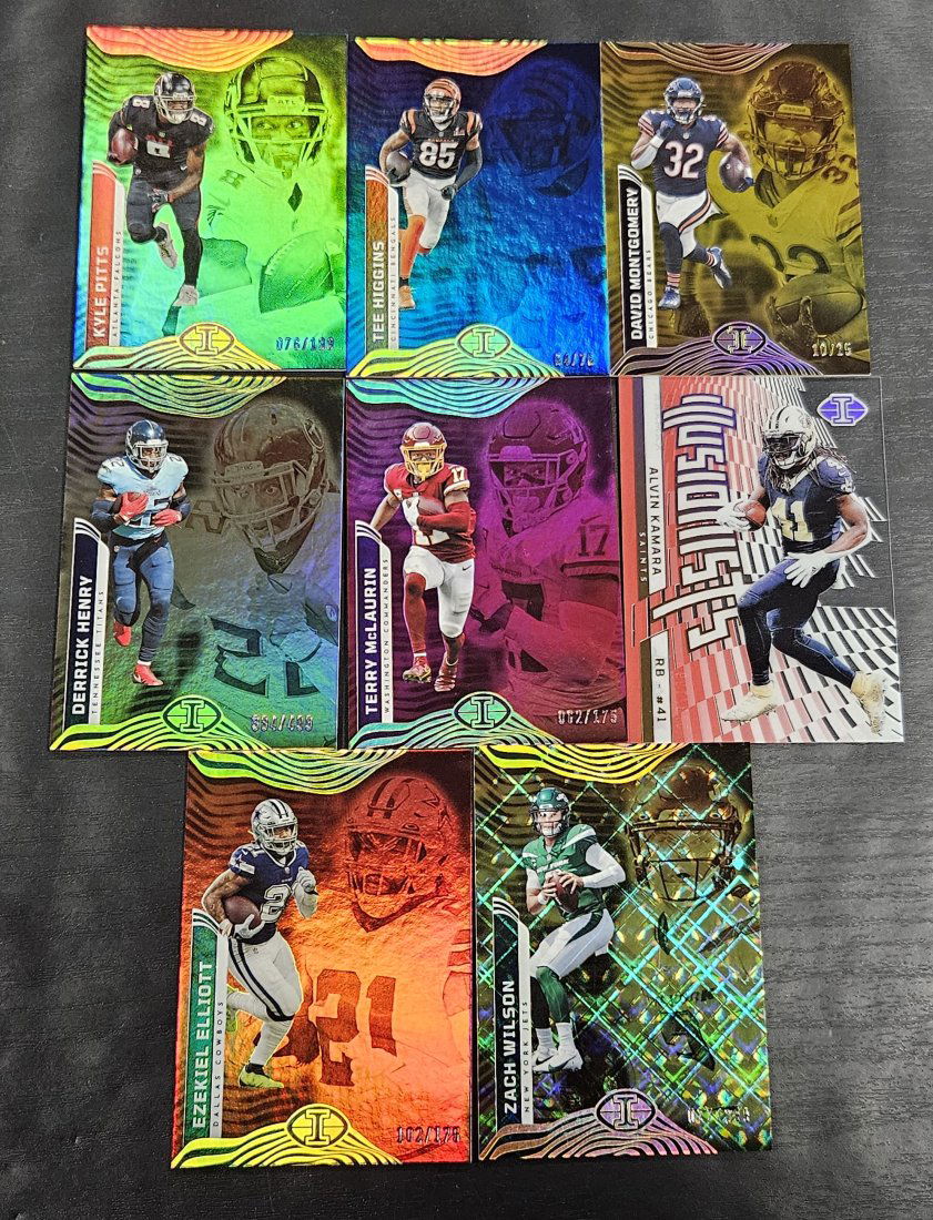 David Montgomery 10/25, Tee Higgins 64/75, Kyle Pitts 76/199, Alvin Kamara73/199, Terry McLaurin (1 of 1)