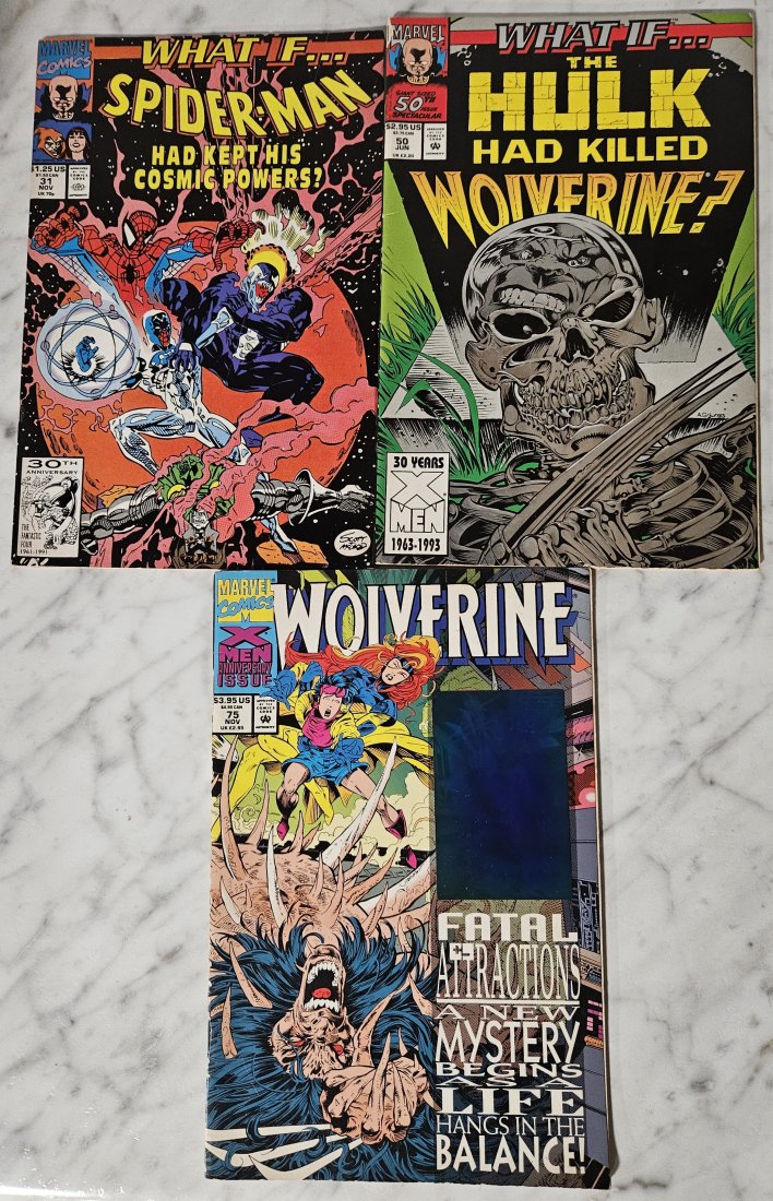 What if 31, What if 50, and Wolverine 75 with holocard on front.: What if 31, What if 50, and Wolverine 75 with holocard on front.What If...? #31, Spider-Man Had Kept His Cosmic Powers, 1991, Marvel, VenomWHAT IF? #50 HULK HAD KILLED WOLVERINE EMBOSSED FOIL COVER MA