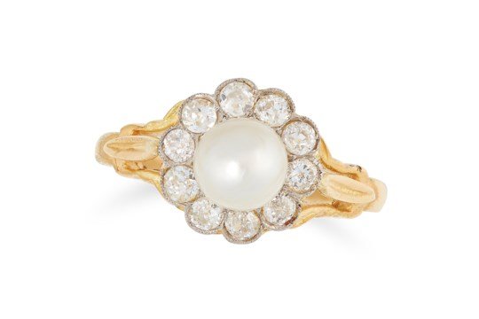 A NATURAL PEARL AND DIAMOND CLUSTER RING (1 of 1)
