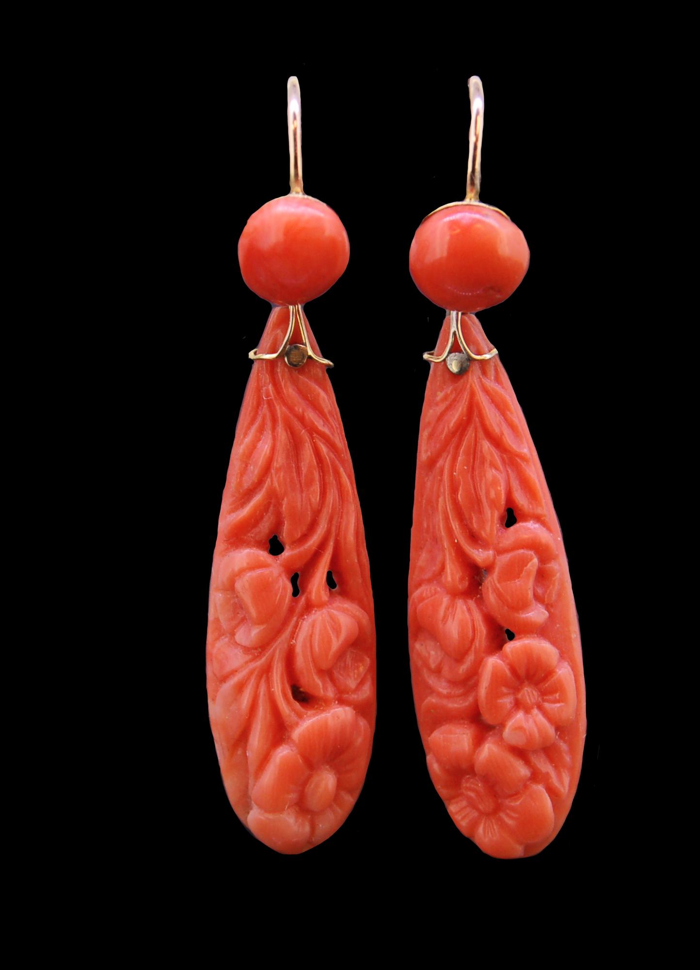 PAIR OF CARVED CORAL DROP EARRINGS (1 of 1)