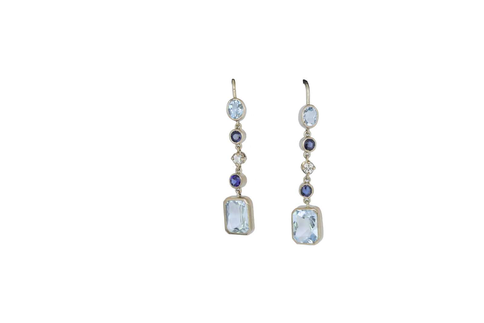 PAIR OF AQUAMARINE SAPPHIRE AND DIAMOND DROP EARRINGS: PAIR OF AQUAMARINE, SAPPHIRE AND DIAMOND DROP EARRINGS, set with an aquamarine top, suspending 2 blue sapphires and a diamond, ending in a larger aquamarine drop. L. 3.5 cm. 3.5 grams.