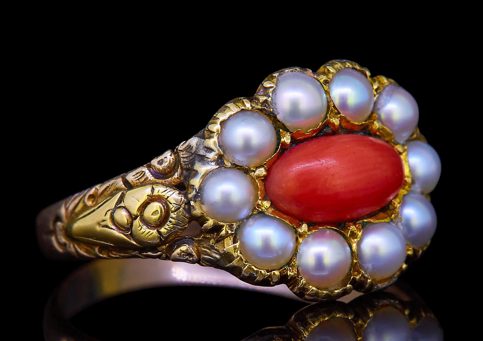 ANTIQUE CORAL AND PEARL CLUSTER RING (1 of 1)