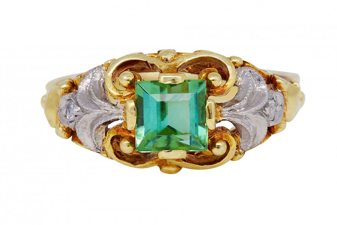 ANTIQUE GREEN TOURMALINE AND DIAMOND DRESS RING (1 of 1)