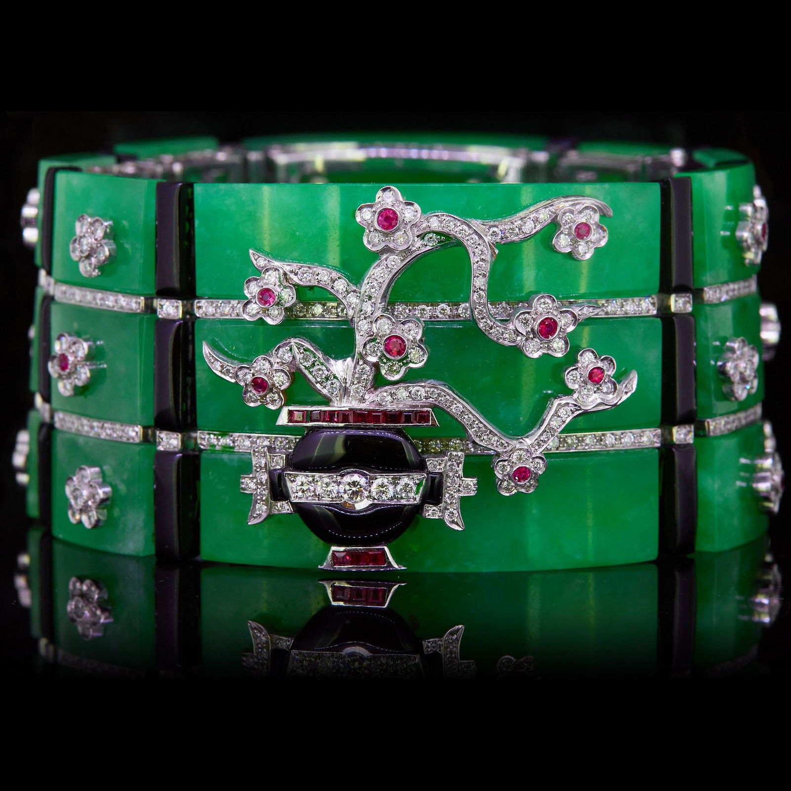 IMPORTANT JADE, RUBY, ONYX AND DIAMOND BANGLE (1 of 1)