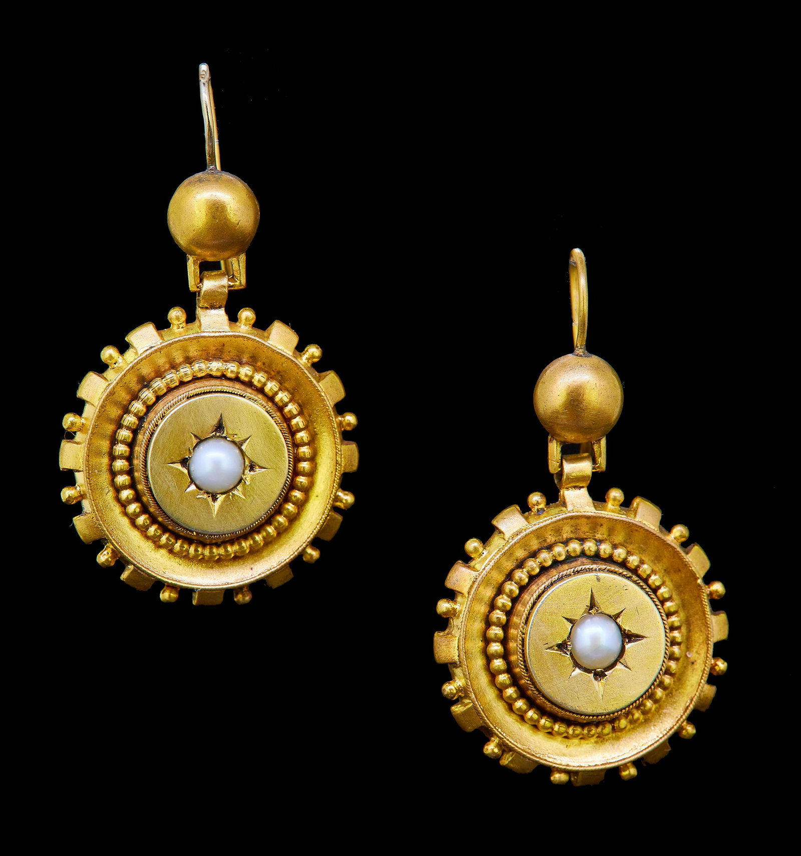 ANTIQUE VICTORIAN PAIR OF PEARL DROP EARRINGS: ANTIQUE VICTORIAN PEARL DROP EARRINGS, the half ball top suspending a circle, set to the centre with a pearl. L. 3.5 cm. 8.9 grams.