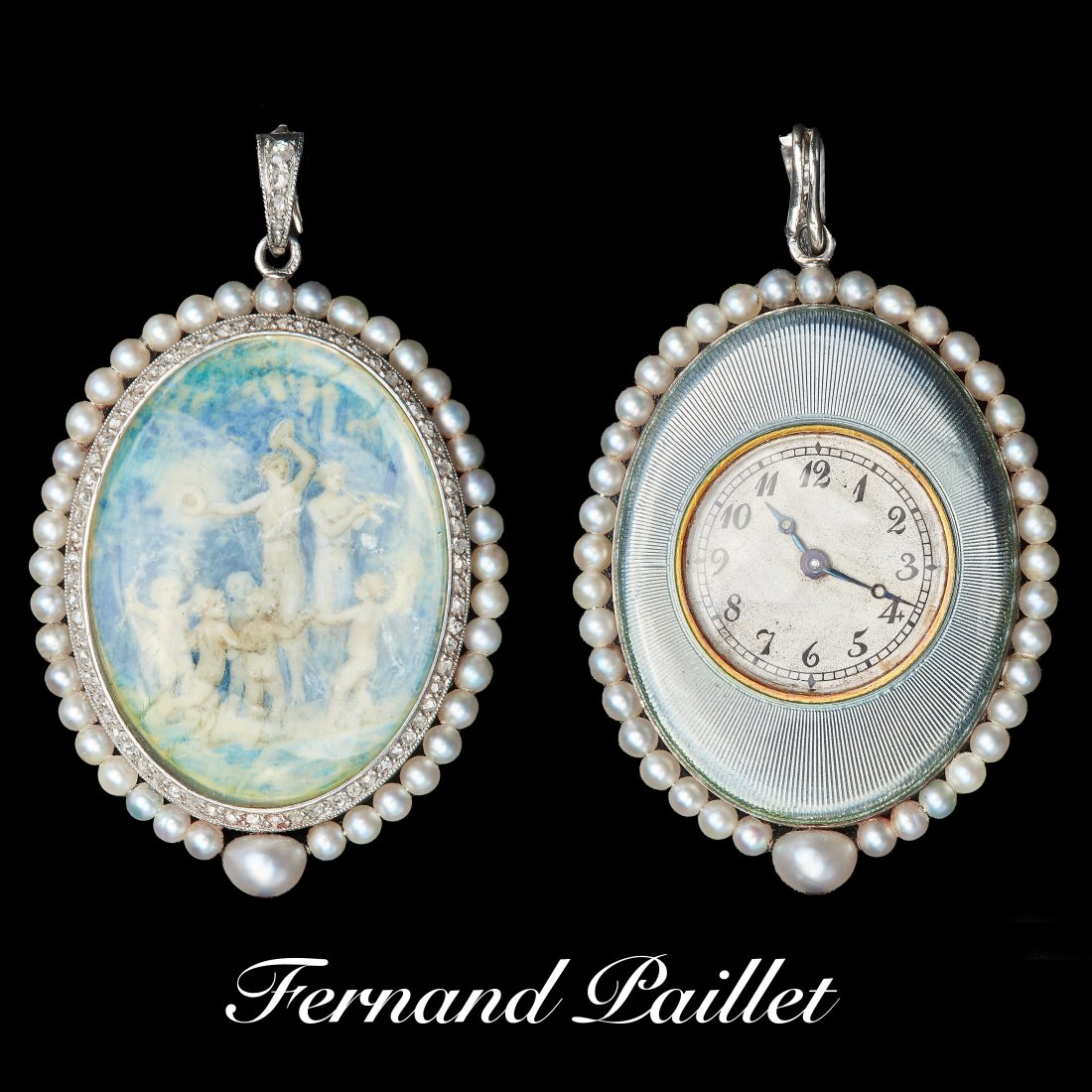 FERNAND PAILLET, ENAMEL DIAMOND AND PEARL FOB WATCH: FERNAND PAILLET, ENAMEL DIAMOND AND PEARL FOB WATCH. The pendant of oval design, one side with an enamel scene depicting 2 woman playing with children. Signed, Paillet. the surmount set with diamonds 