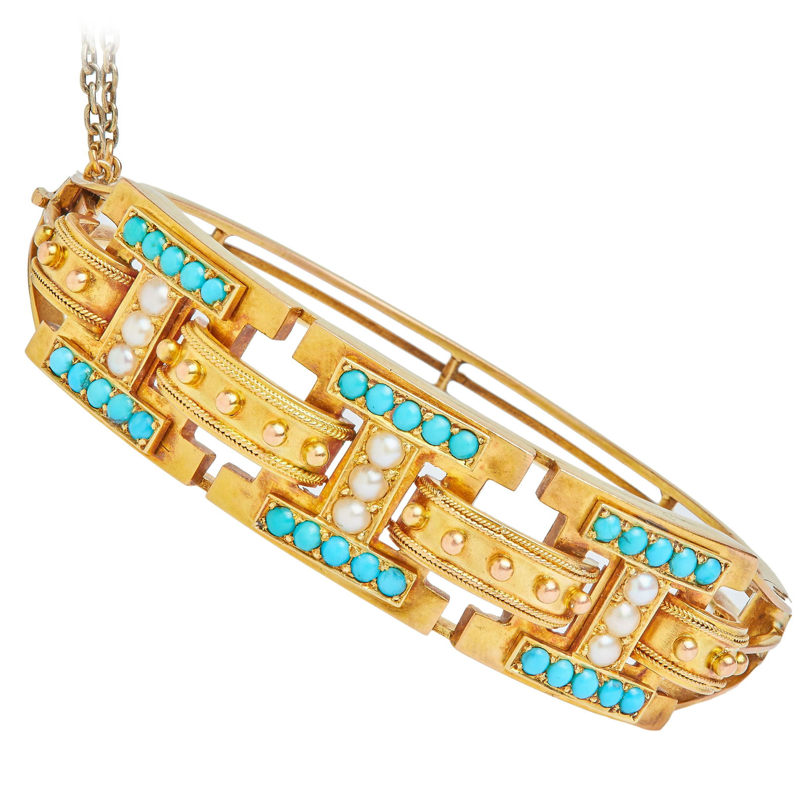 VICTORIAN TURQUOISE AND PEARL HINGED BANGLE (1 of 1)
