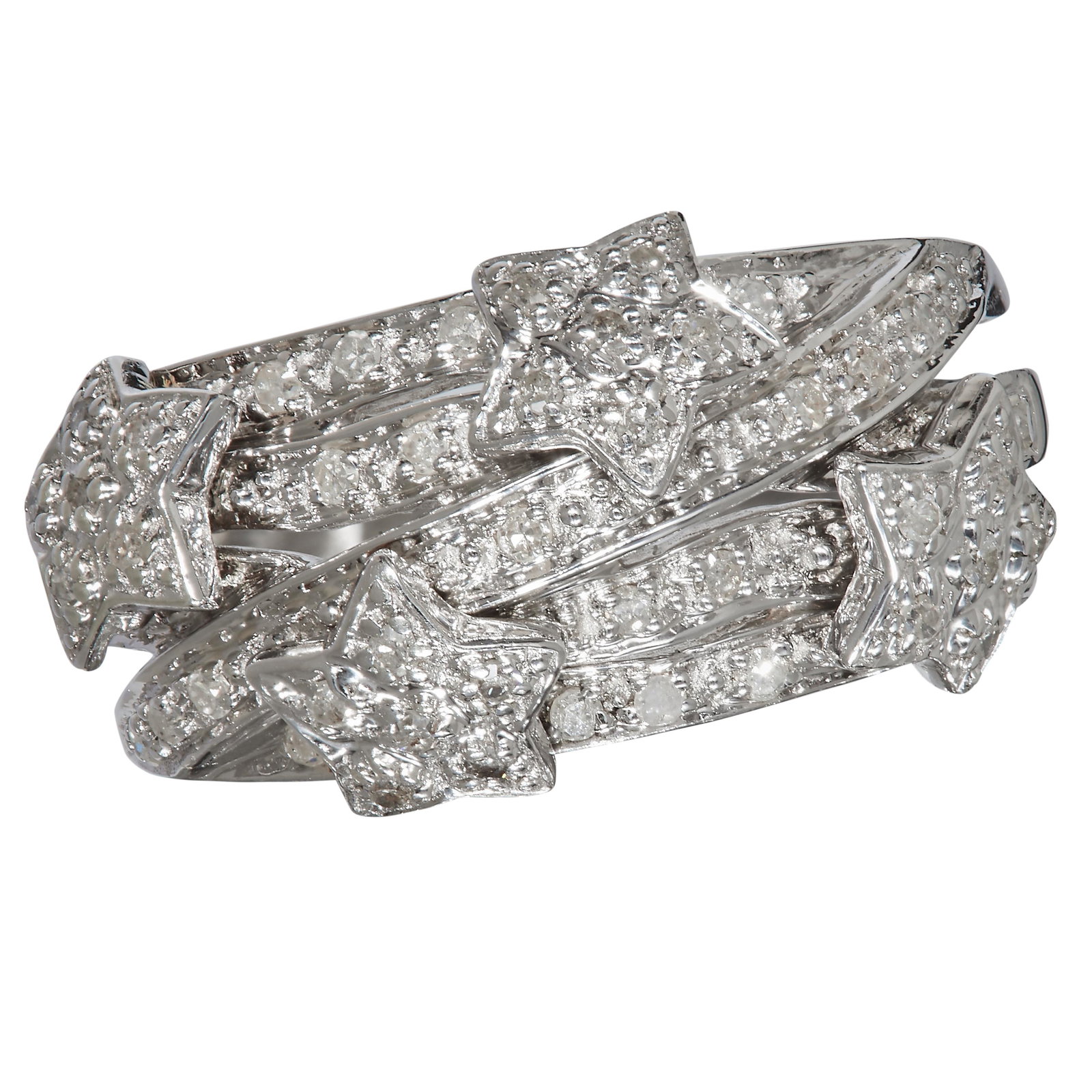 DIAMOND BAND RING: DIAMOND BAND RING, the top design as 5 bands, part overlapping. All set with diamonds and accentuated with 4 star appliques set with diamonds. Diamonds totalling approx. 0.90 ct. Size M 1/2. 5.5 grams