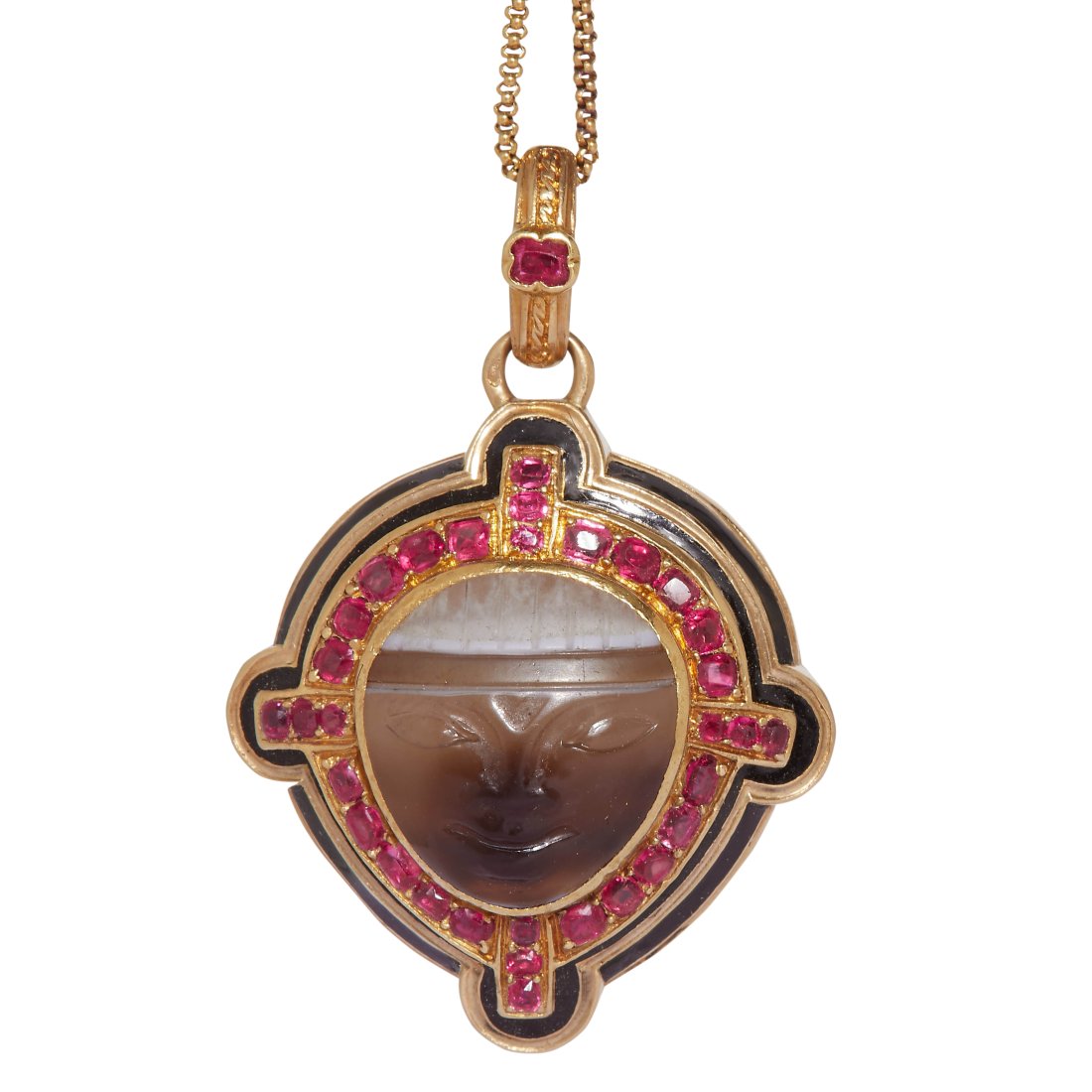 ANTIQUE RUBY, ENAMEL AND CARVED FACE LOCKET PENDANT (1 of 4)
