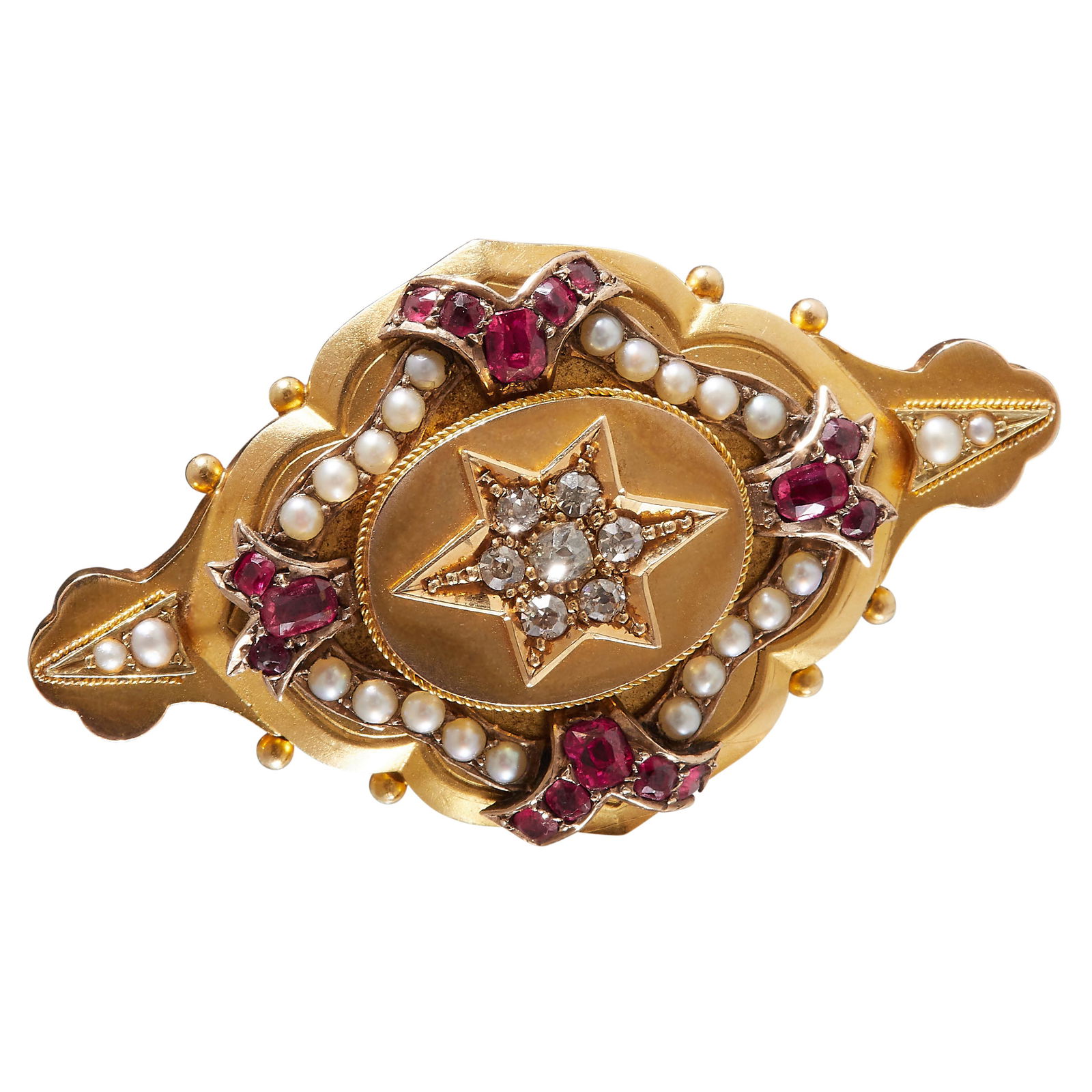 VICTORIAN DIAMOND RUBY AND PEARL BROOCH (1 of 1)