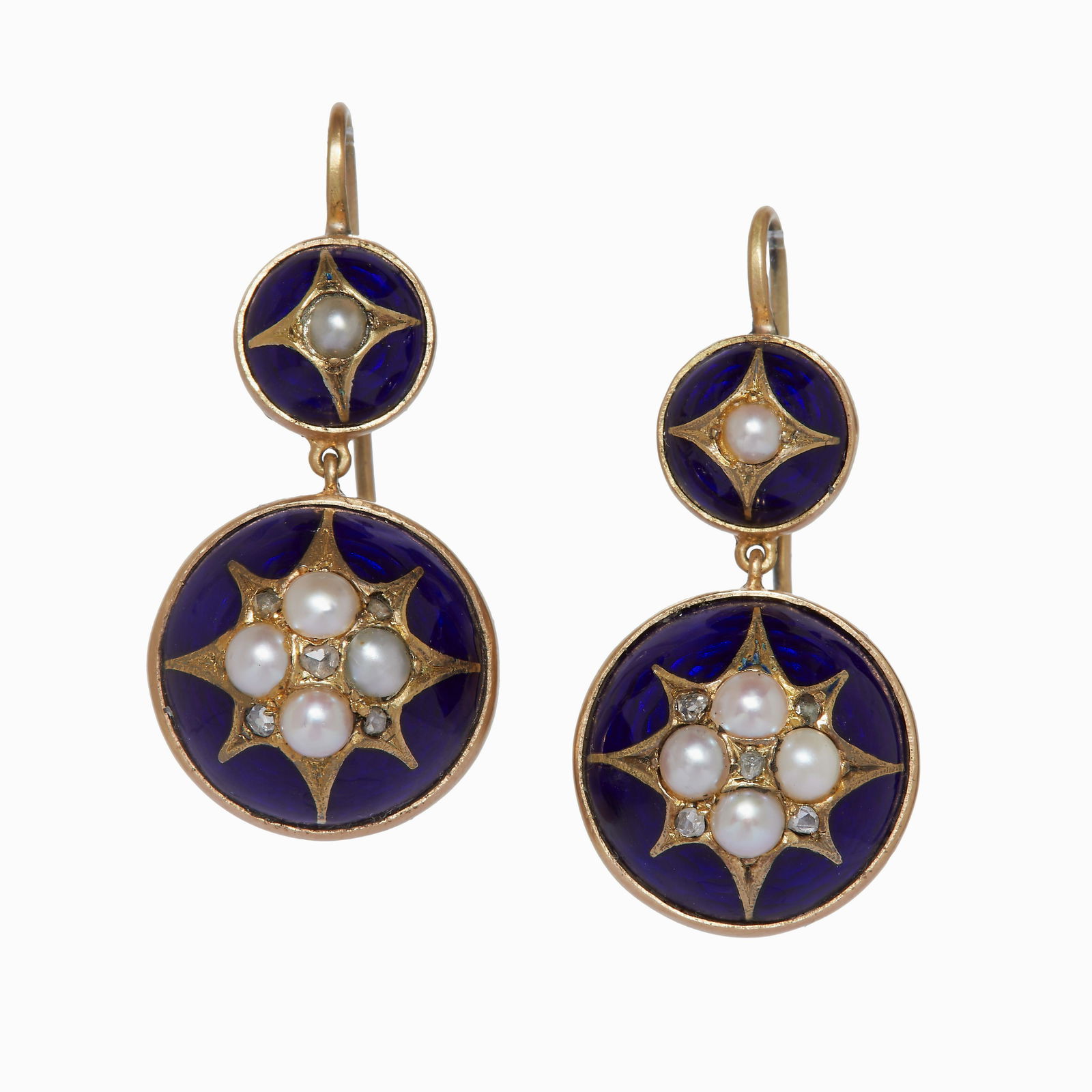 VICTORIAN PAIR OF PEARL, DIAMOND AND ENAMEL EARRINGS (1 of 1)