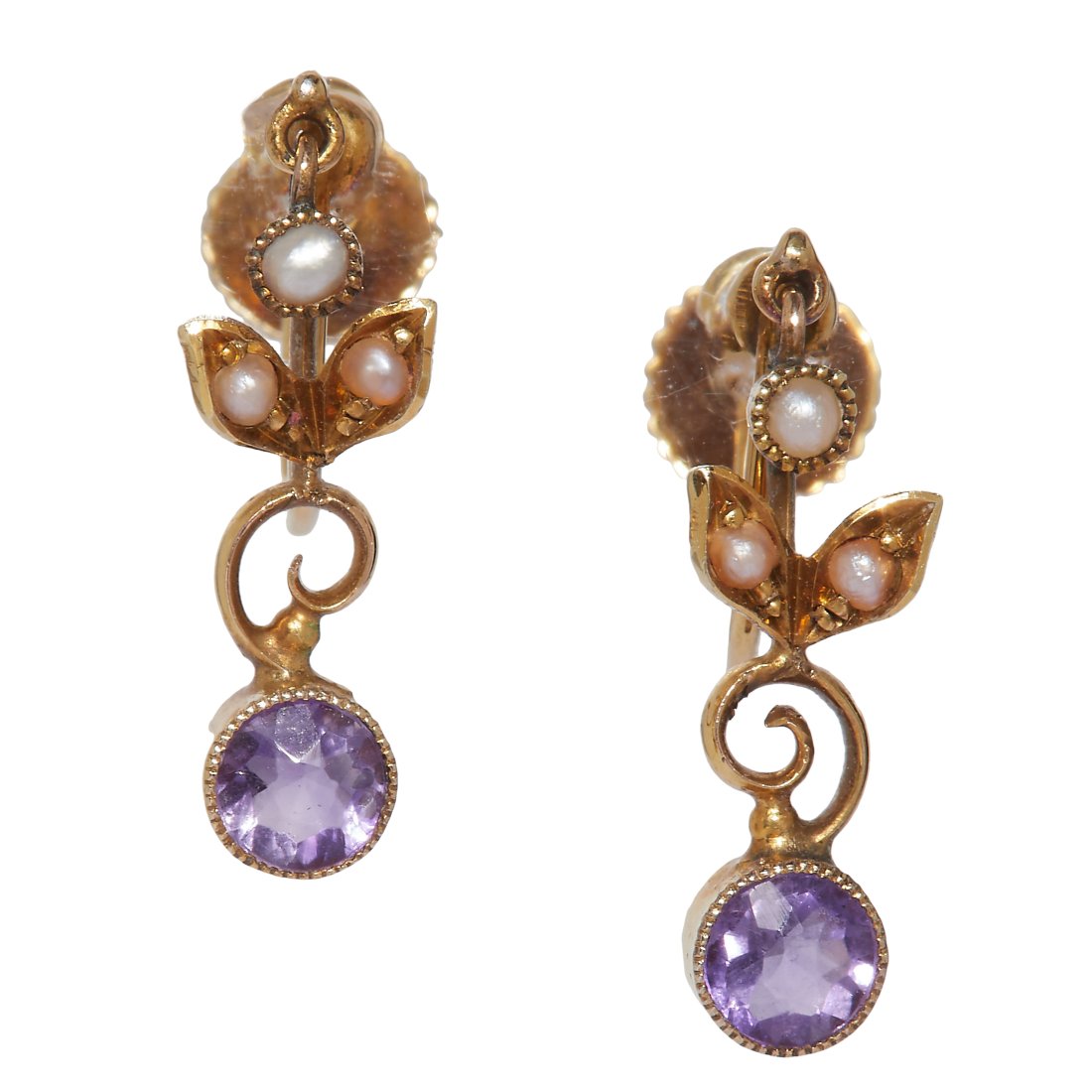 PAIR OF AMETHYST AND PEARL FLORAL DROP EARRINGS (1 of 1)