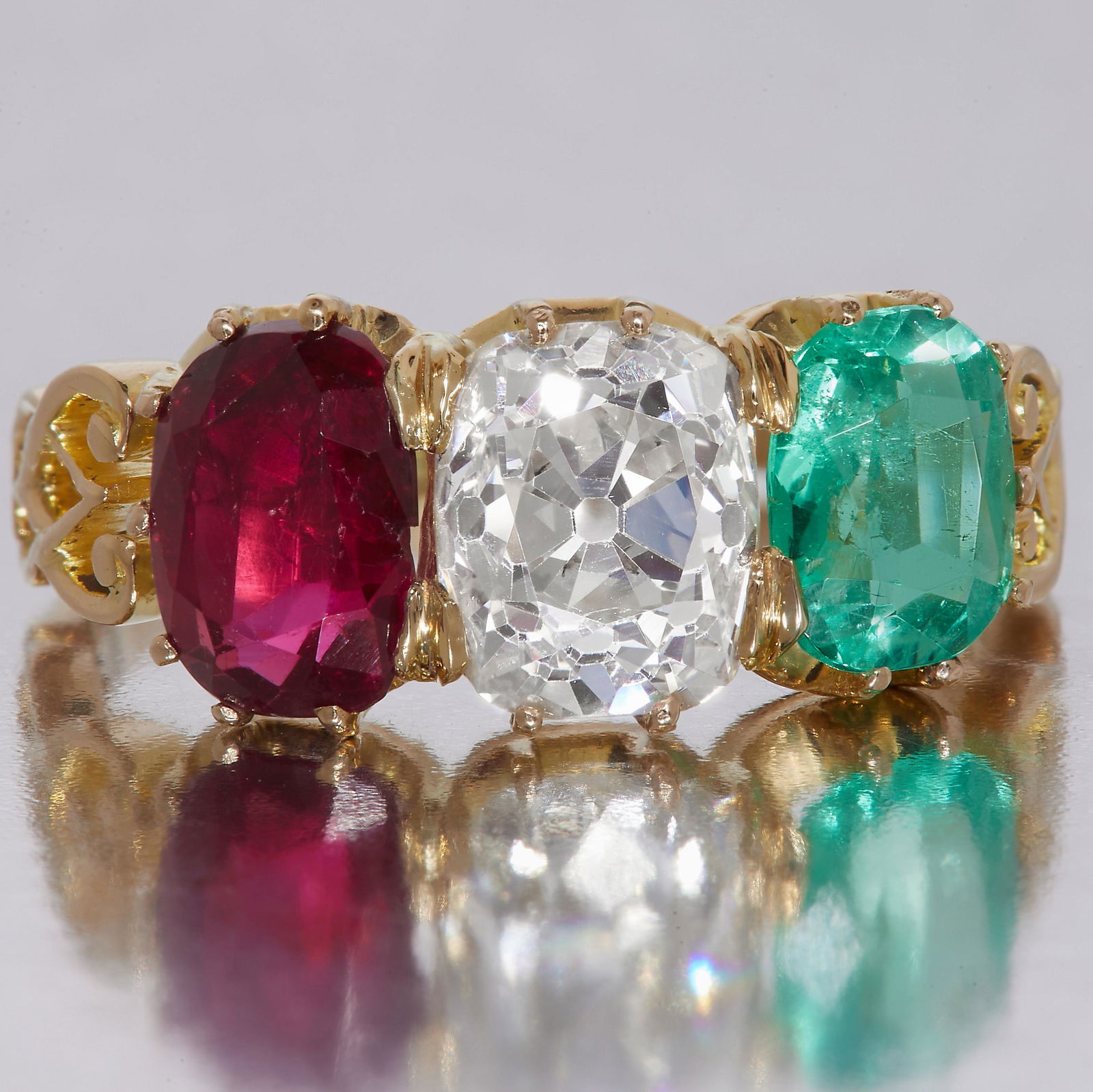 EMERALD, RUBY AND DIAMOND 3-STONE RING (1 of 1)